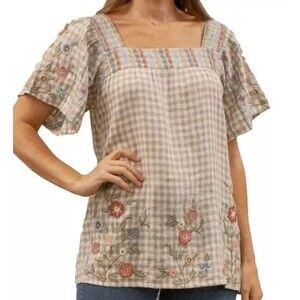 Kyla Seo Linen Embroidery Georgia Blouse In Flax Gingham Sz S New